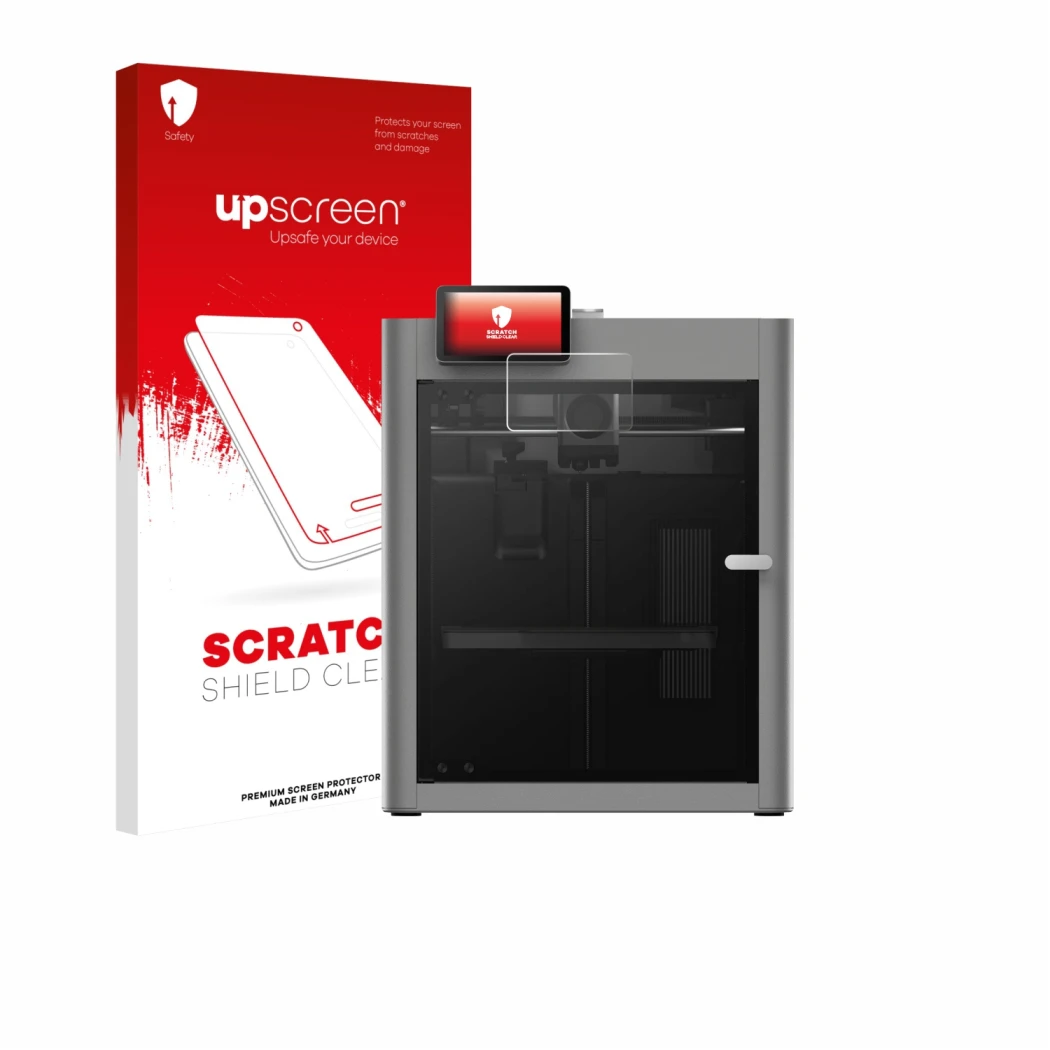 Face avant d’un emballage produit avec le logo de la marque upscreen. À côté, l’appareil Bambu Lab P2S 3D Printer est représen