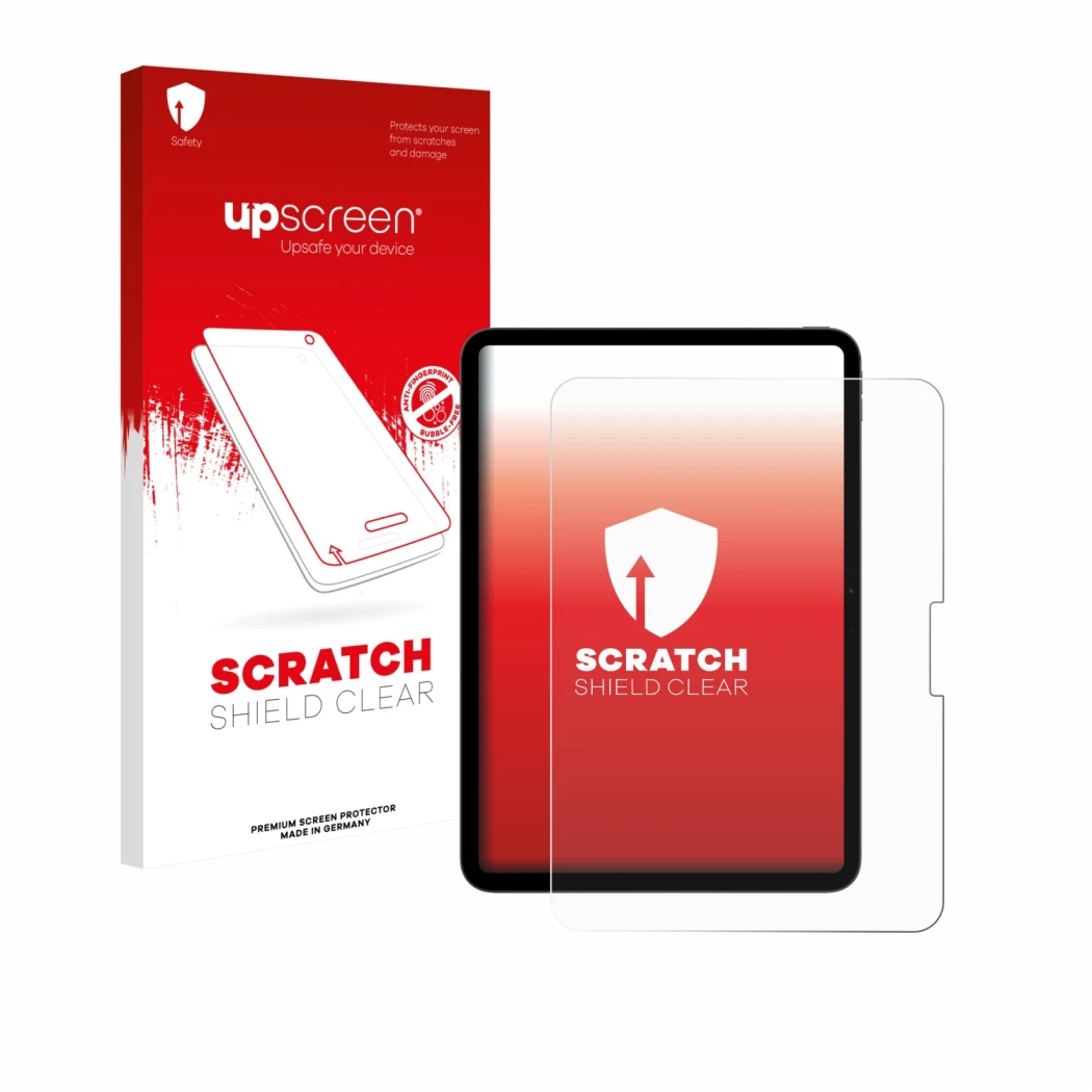 Face avant d’un emballage produit avec le logo de la marque upscreen. À côté, l’appareil Apple iPad Pro 11