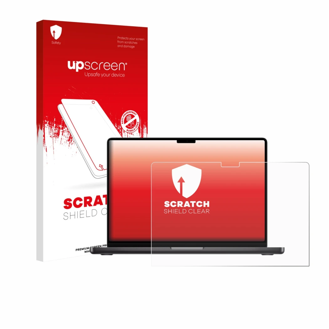 Face avant d’un emballage produit avec le logo de la marque upscreen. À côté, l’appareil Apple MacBook Pro 14