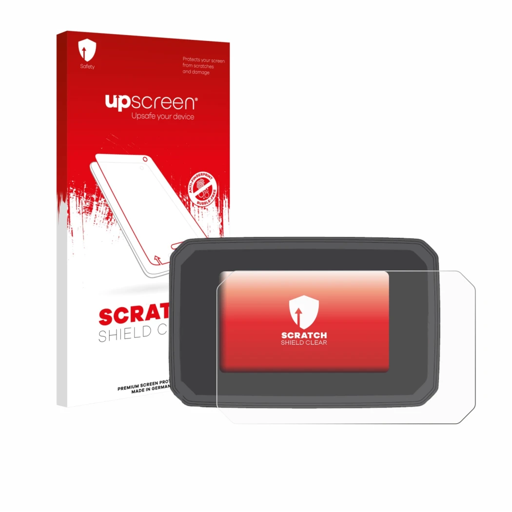 Face avant d’un emballage produit avec le logo de la marque upscreen. À côté, l’appareil Honda CB125R 2024 est représenté avec