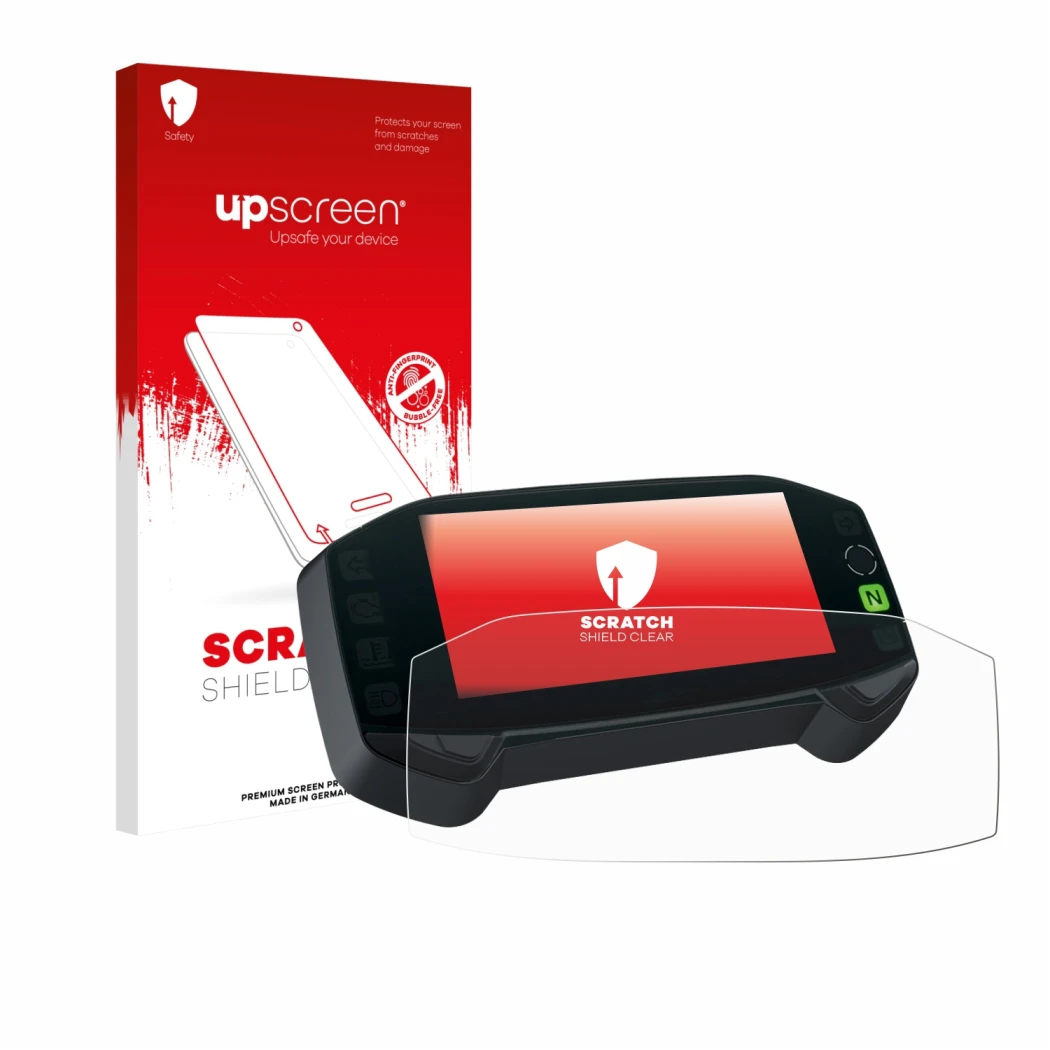 Face avant d’un emballage produit avec le logo de la marque upscreen. À côté, l’appareil Suzuki DR-Z4S 2025 est représenté ave
