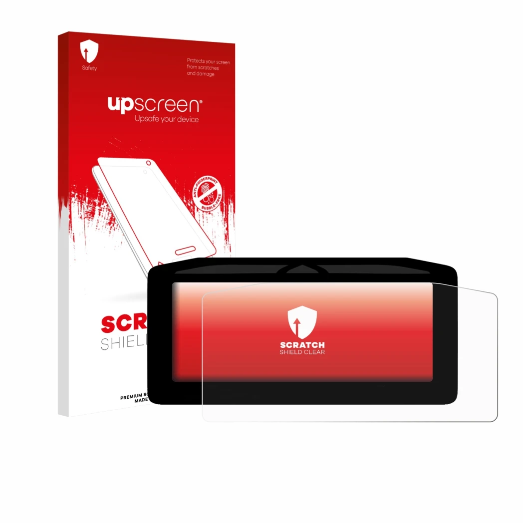 Face avant d’un emballage produit avec le logo de la marque upscreen. À côté, l’appareil Ducati Streetfighter V4 2025 Affichag