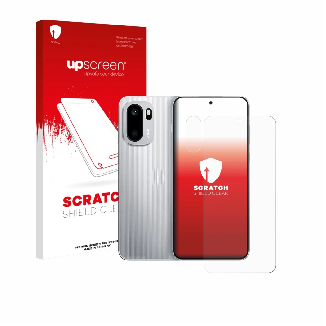 Face avant d’un emballage produit avec le logo de la marque upscreen. À côté, l’appareil OnePlus 15R (Avant+Caméra) est représ