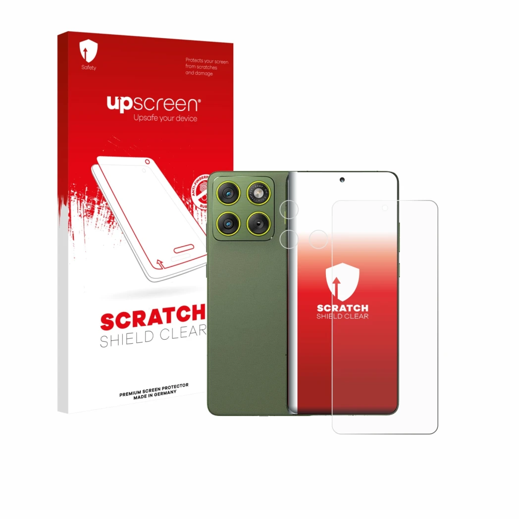 Face avant d’un emballage produit avec le logo de la marque upscreen. À côté, l’appareil Motorola Edge 70 (Avant+Caméra) est r