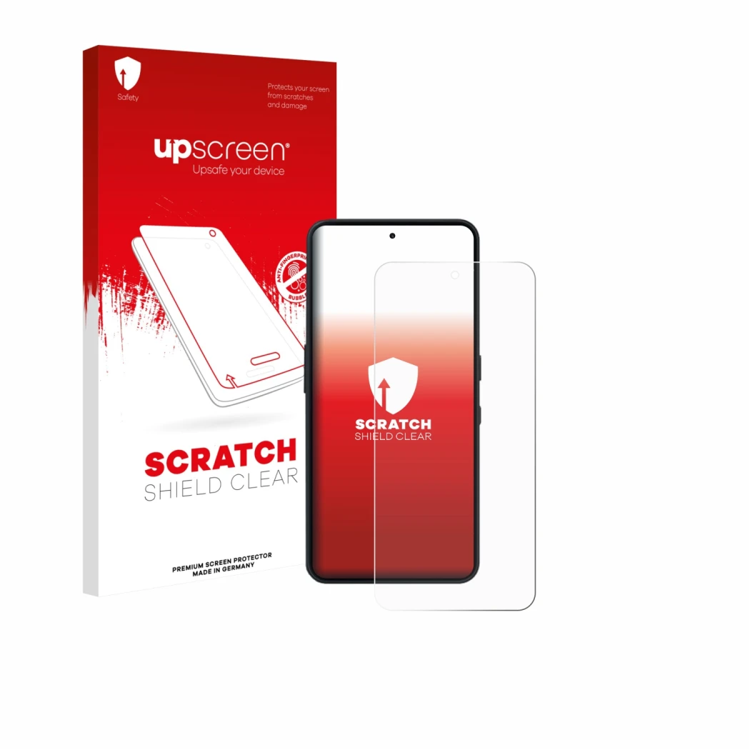 Face avant d’un emballage produit avec le logo de la marque upscreen. À côté, l’appareil Nothing Phone (3a) Lite est représent