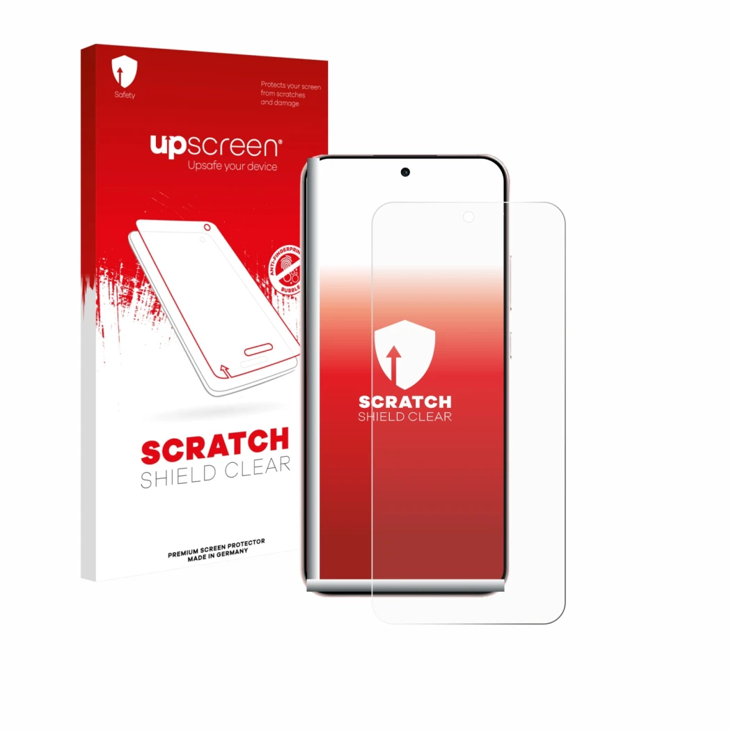 Face avant d’un emballage produit avec le logo de la marque upscreen. À côté, l’appareil Oppo Reno 14 est représenté avec la p