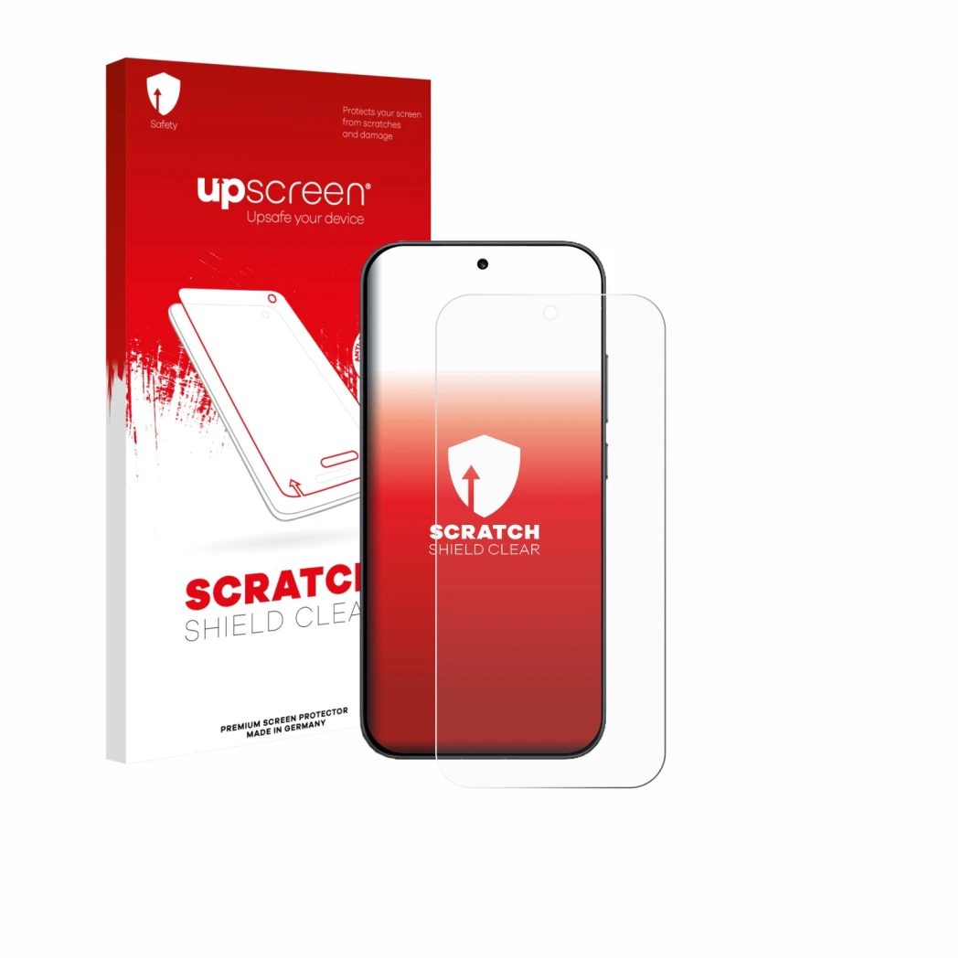 Face avant d’un emballage produit avec le logo de la marque upscreen. À côté, l’appareil Xiaomi Redmi K90 est représenté avec