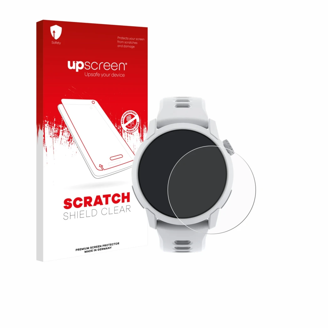 Face avant d’un emballage produit avec le logo de la marque upscreen. À côté, l’appareil Coros Pace 4 est représenté avec la p