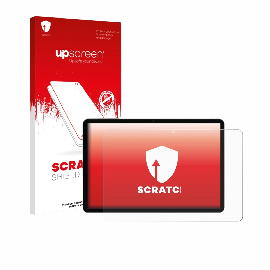Face avant d’un emballage produit avec le logo de la marque upscreen. À côté, l’appareil Pritom M10 TAB 10 PLUS 10.1