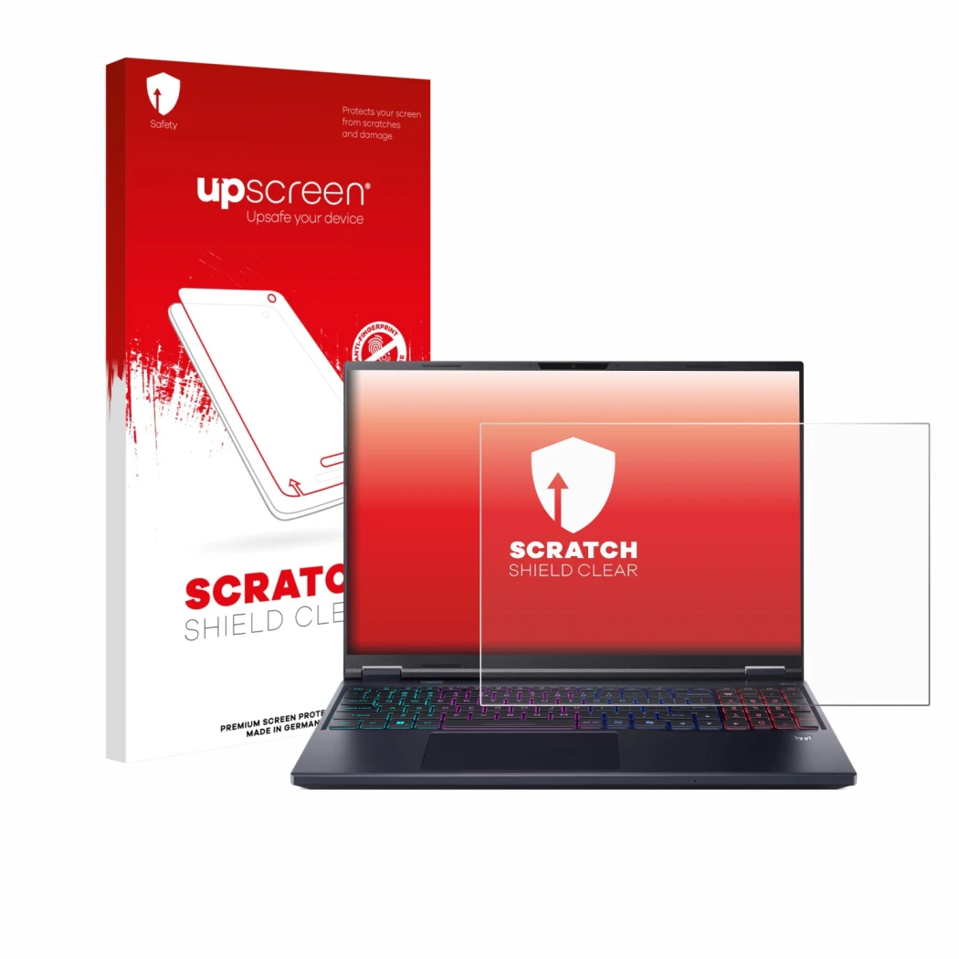 Face avant d’un emballage produit avec le logo de la marque upscreen. À côté, l’appareil Acer Predator Helios Neo 16 AI est re