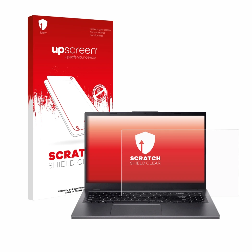 Face avant d’un emballage produit avec le logo de la marque upscreen. À côté, l’appareil Acer Aspire 15 A15-51 est représenté 