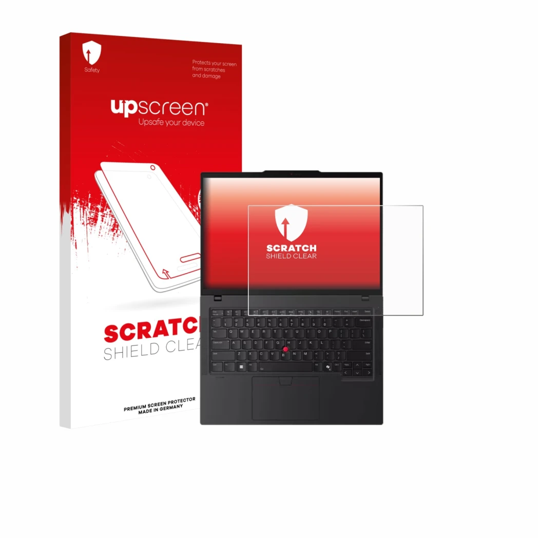 Face avant d’un emballage produit avec le logo de la marque upscreen. À côté, l’appareil Lenovo ThinkPad P14s Gen 6 14.5