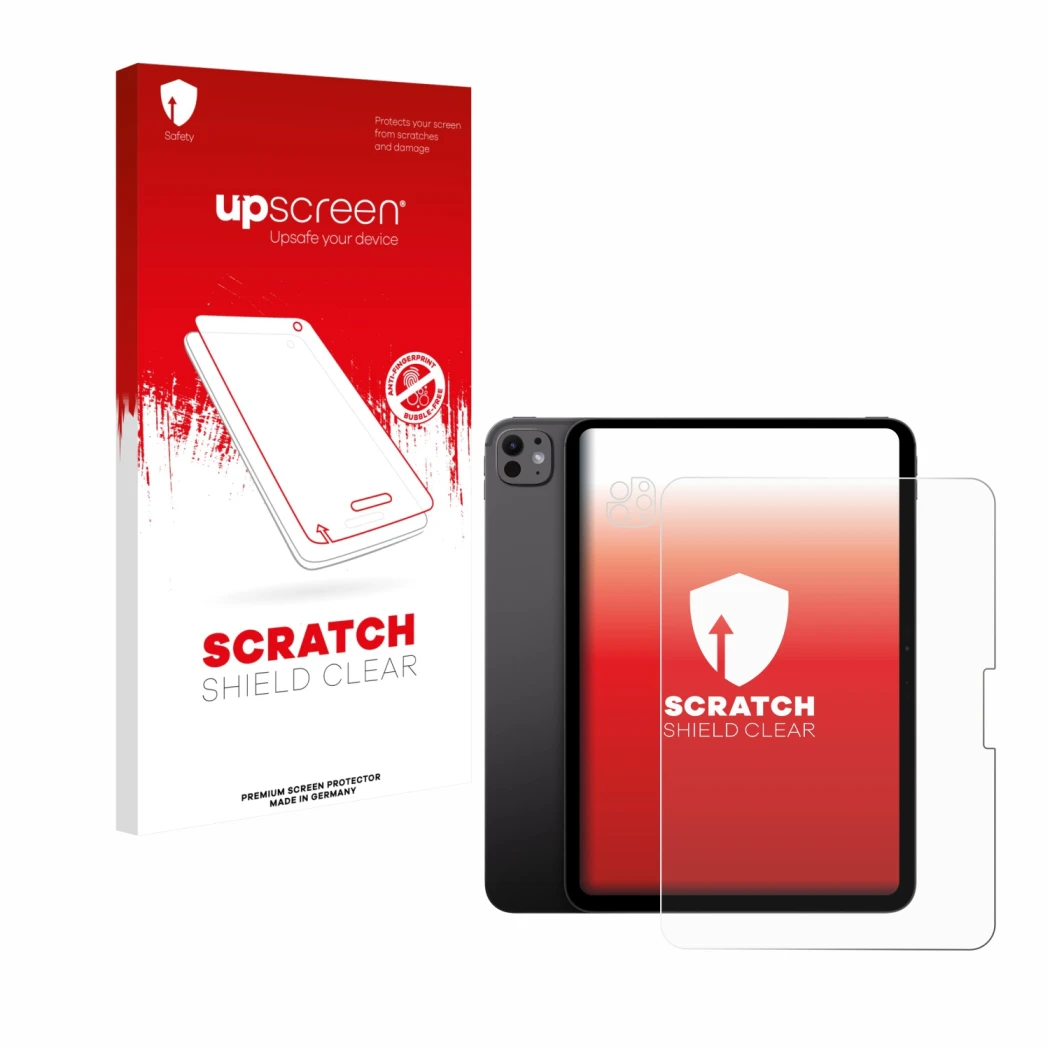Face avant d’un emballage produit avec le logo de la marque upscreen. À côté, l’appareil Apple iPad Pro 11