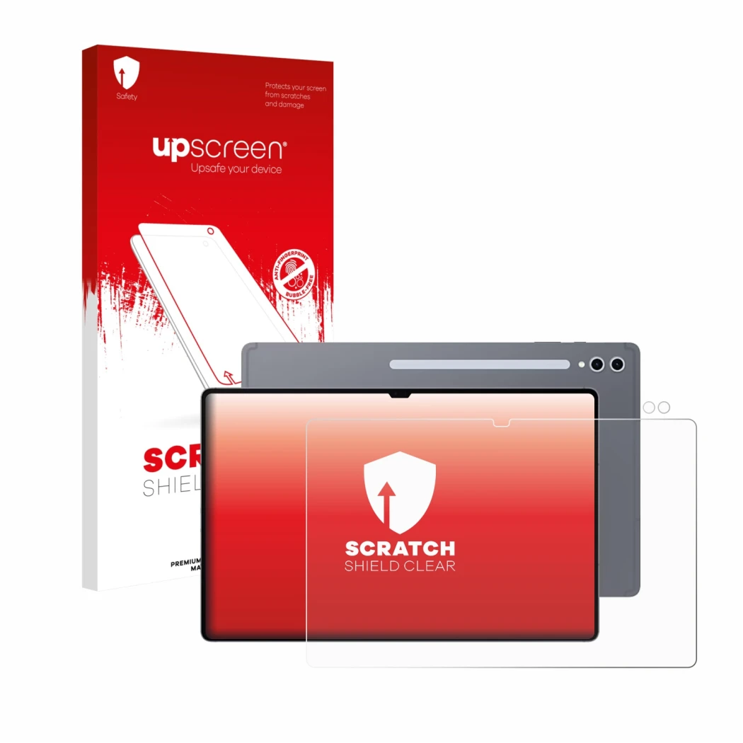 Face avant d’un emballage produit avec le logo de la marque upscreen. À côté, l’appareil Samsung Galaxy Tab S10 Ultra (Avant+C