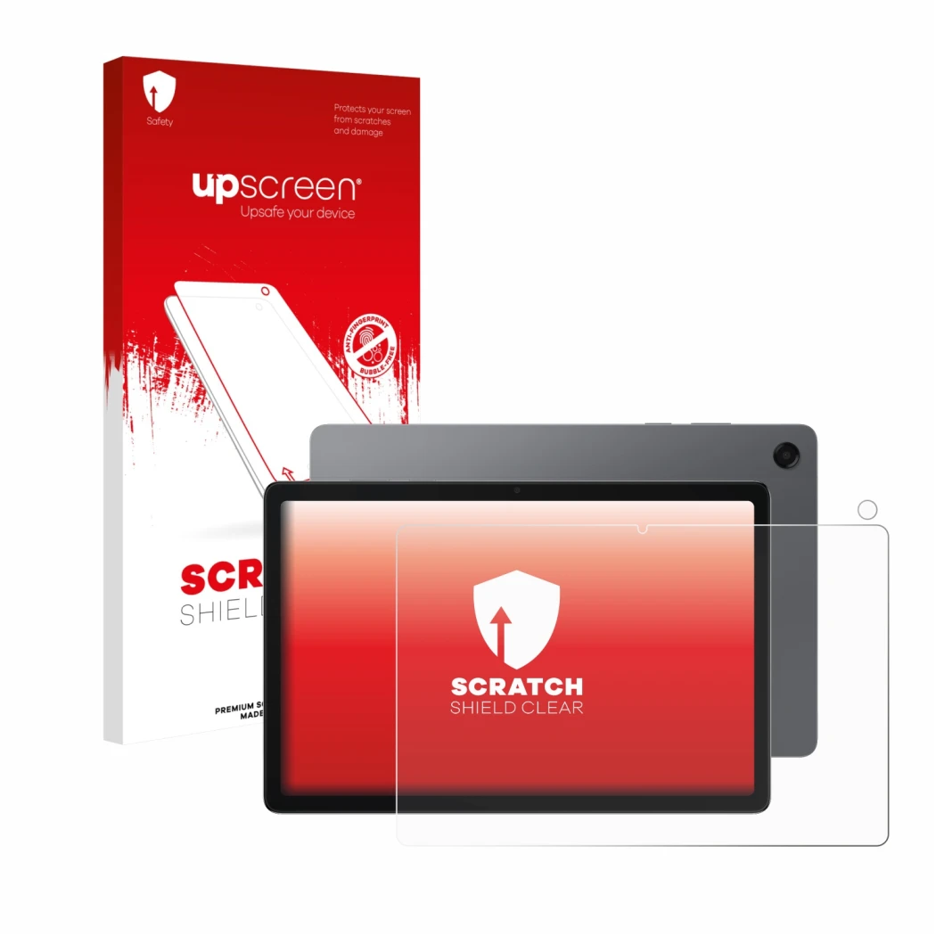 Face avant d’un emballage produit avec le logo de la marque upscreen. À côté, l’appareil Samsung Galaxy Tab A11 Plus 11