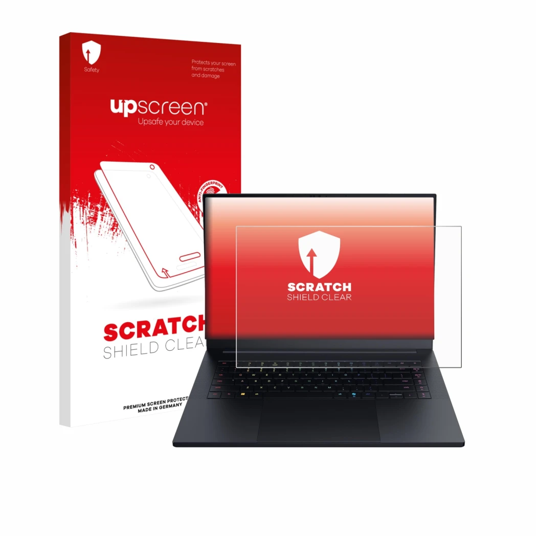 Face avant d’un emballage produit avec le logo de la marque upscreen. À côté, l’appareil Razer Blade 16 2025 est représenté av