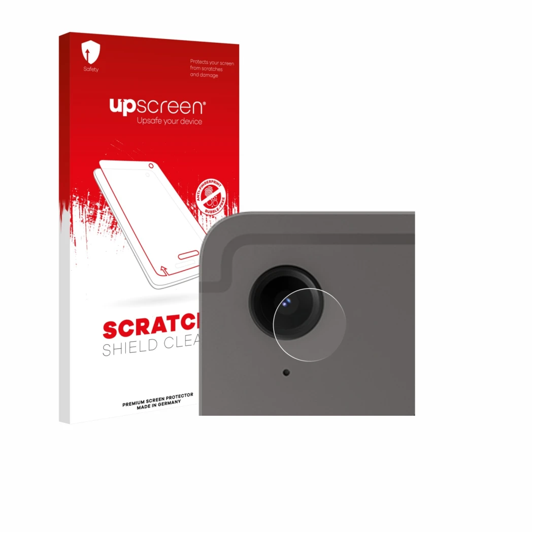 Face avant d’un emballage produit avec le logo de la marque upscreen. À côté, l’appareil Samsung Galaxy Tab S9 FE (Caméra UNIQ