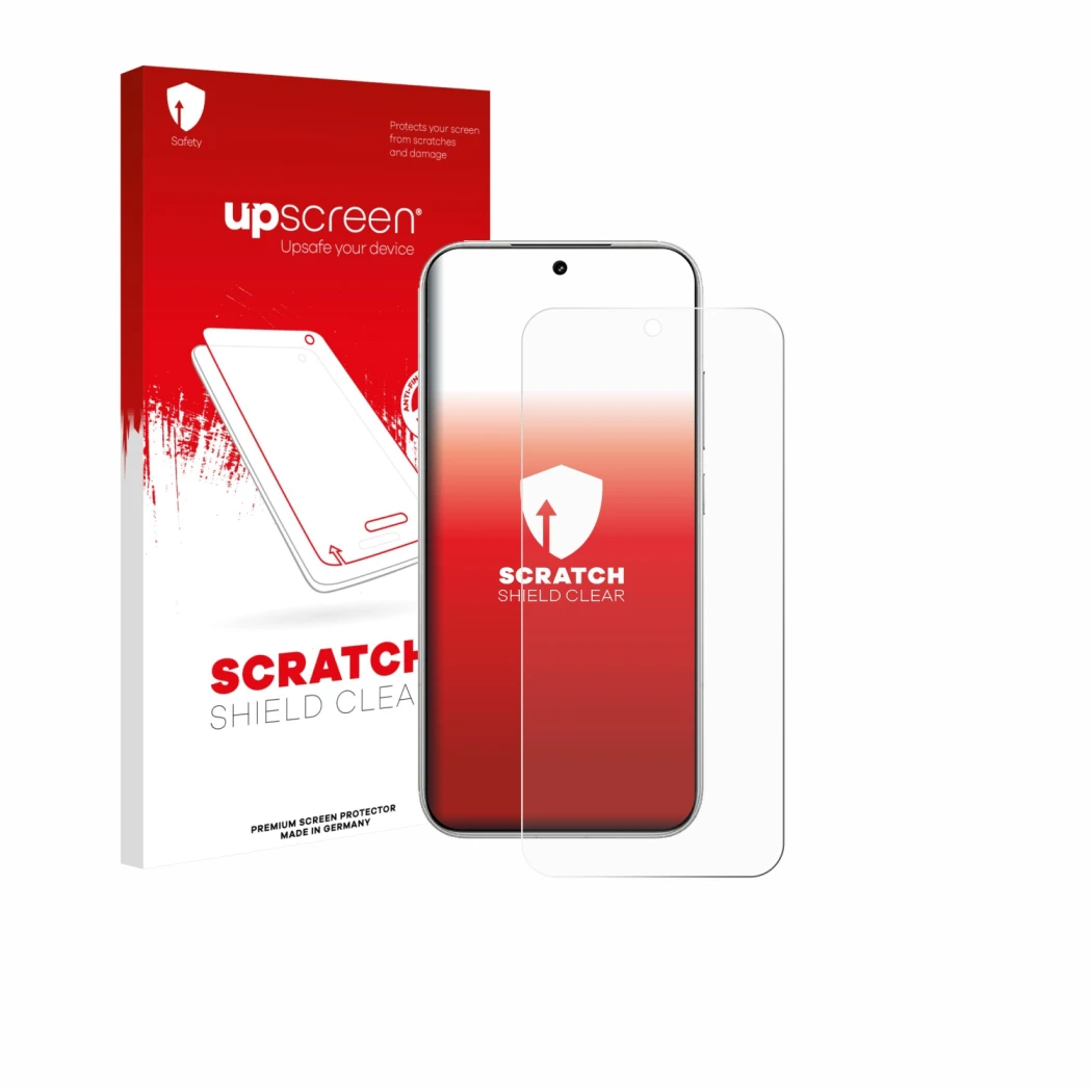 Face avant d’un emballage produit avec le logo de la marque upscreen. À côté, l’appareil Xiaomi Poco F8 Pro est représenté ave