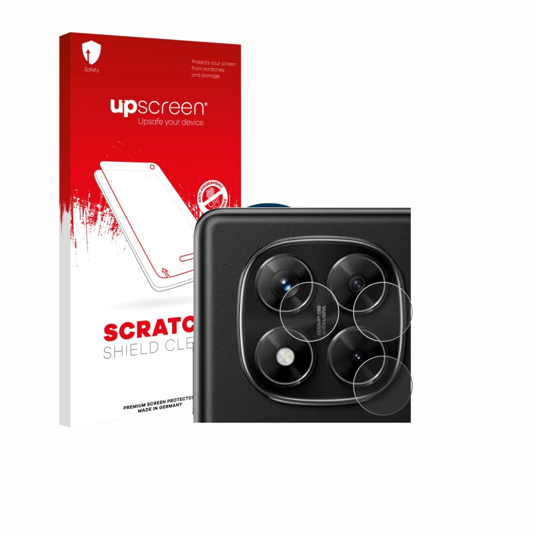 Face avant d’un emballage produit avec le logo de la marque upscreen. À côté, l’appareil Xiaomi Redmi Note 14 Pro 4G (Caméra U