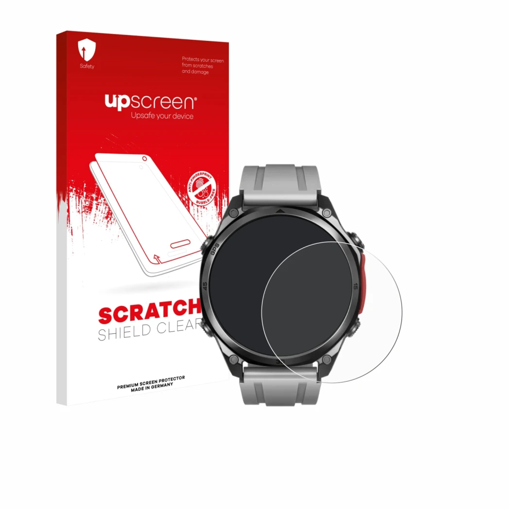 Face avant d’un emballage produit avec le logo de la marque upscreen. À côté, l’appareil Doogee Anywise W1 Pro est représenté