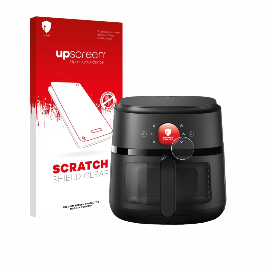 Face avant d’un emballage produit avec le logo de la marque upscreen. À côté, l’appareil Philips Airfryer 2000 Gen 2 6,2L est