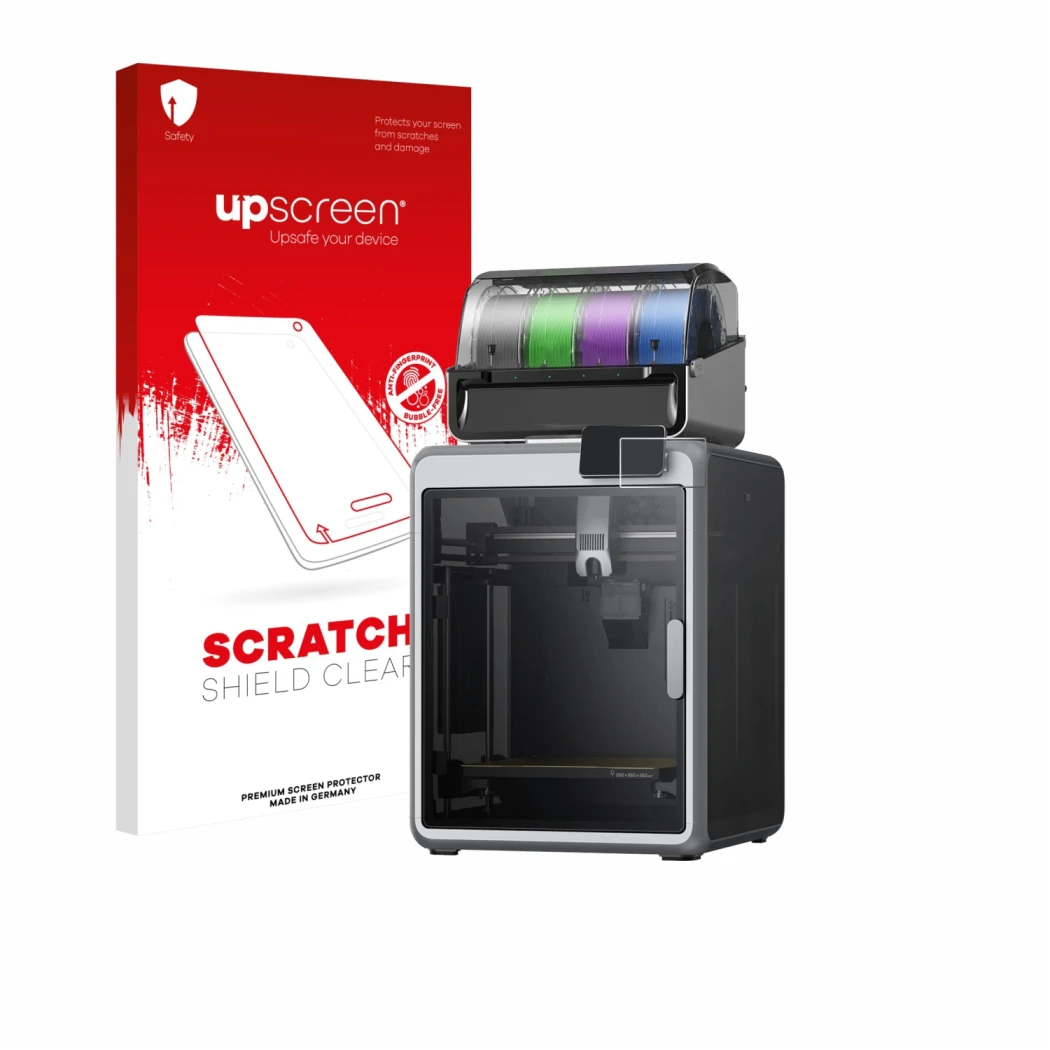 Face avant d’un emballage produit avec le logo de la marque upscreen. À côté, l’appareil Creality K2 est représenté avec la pr