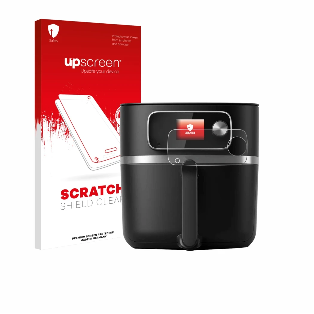 Face avant d’un emballage produit avec le logo de la marque upscreen. À côté, l’appareil Philips Airfryer HD9880/90 est représ