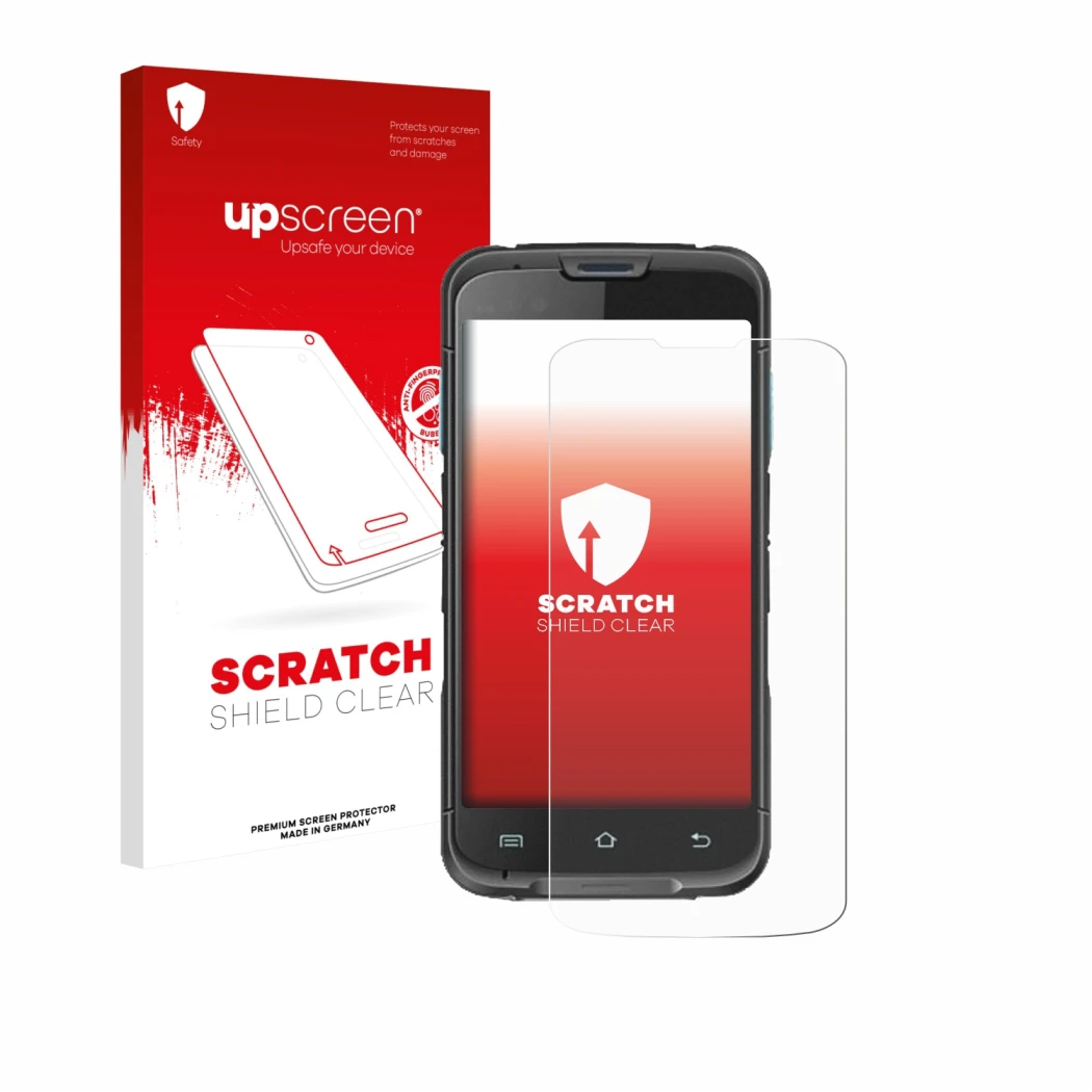 Face avant d’un emballage produit avec le logo de la marque upscreen. À côté, l’appareil Unitech EA602 est représenté avec la