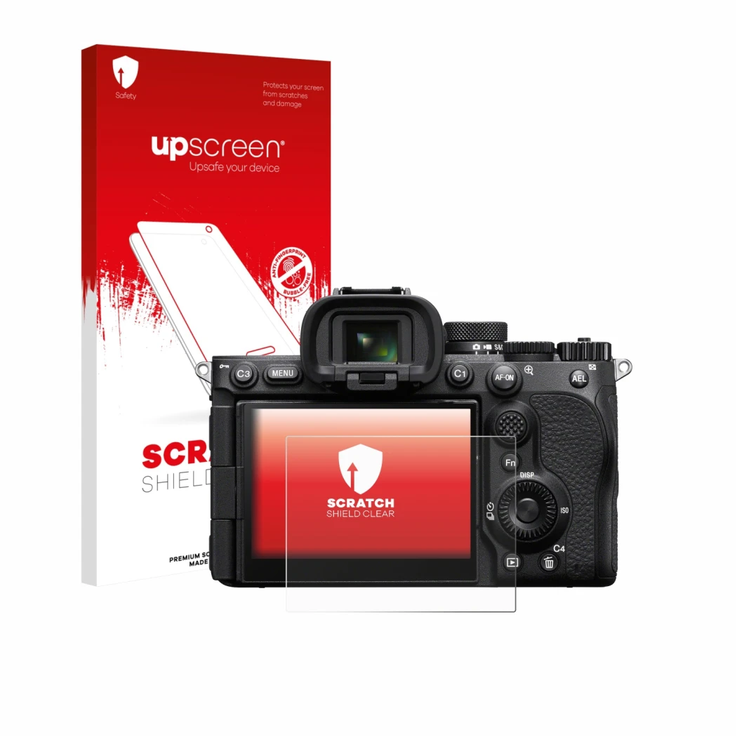 Face avant d’un emballage produit avec le logo de la marque upscreen. À côté, l’appareil Sony Alpha 7 V (ILCE-7M5) est représe