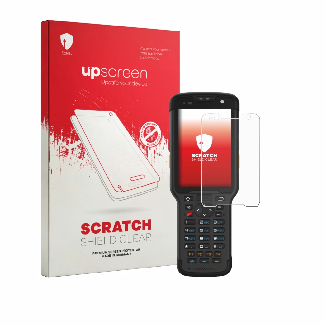 Face avant d’un emballage produit avec le logo de la marque upscreen. À côté, l’appareil Newland Speedata SD35 Leo est représe