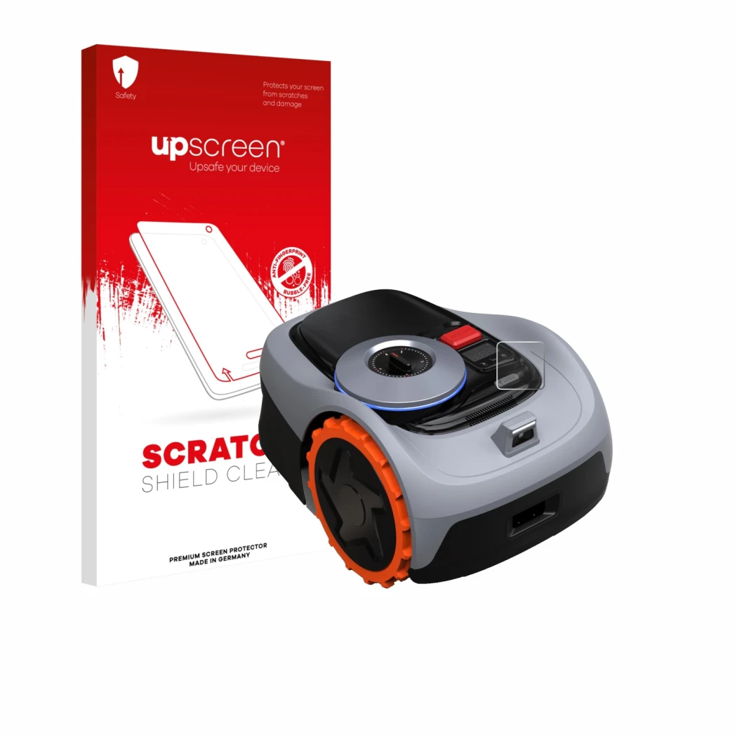 Face avant d’un emballage produit avec le logo de la marque upscreen. À côté, l’appareil Navimow i105E+ est représenté avec la