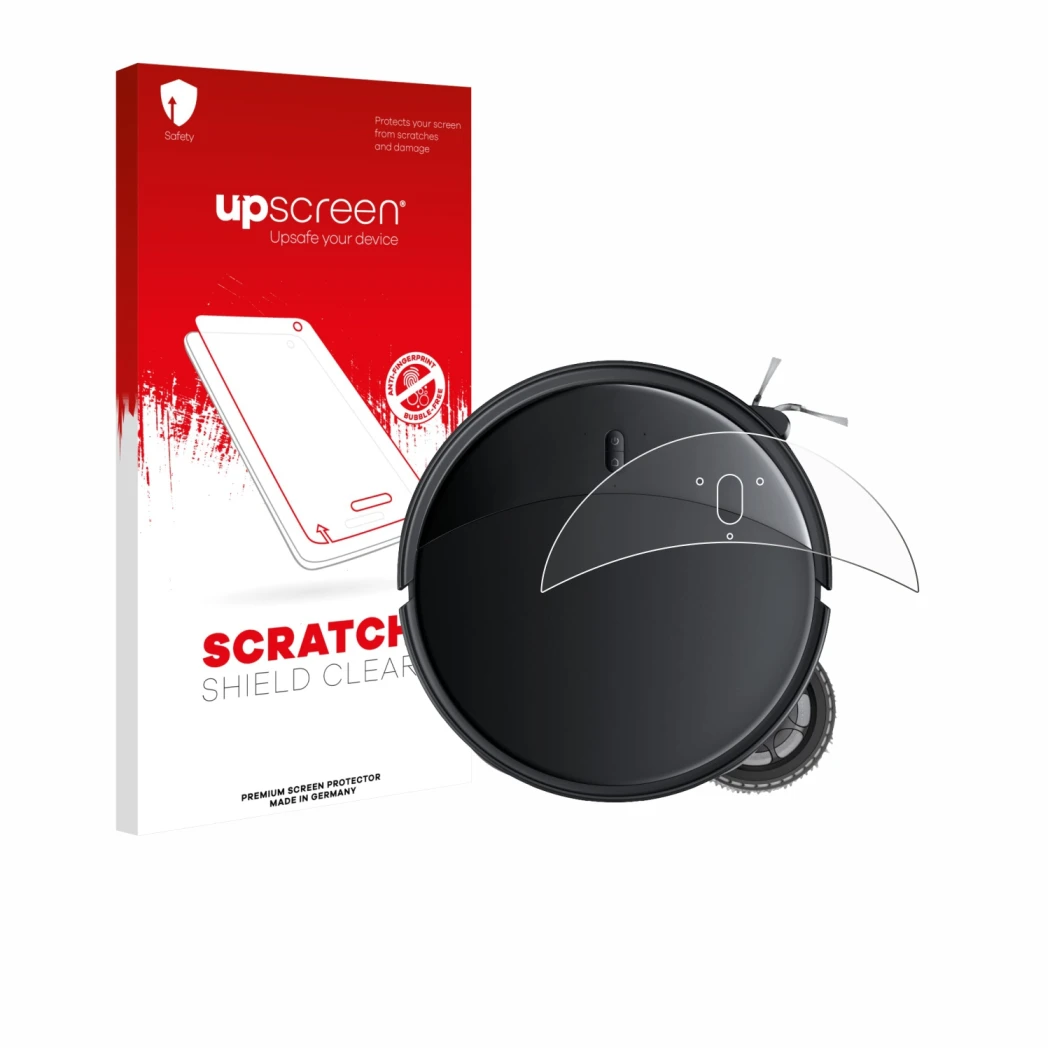 Face avant d’un emballage produit avec le logo de la marque upscreen. À côté, l’appareil Roborock Saros 10R est représenté ave