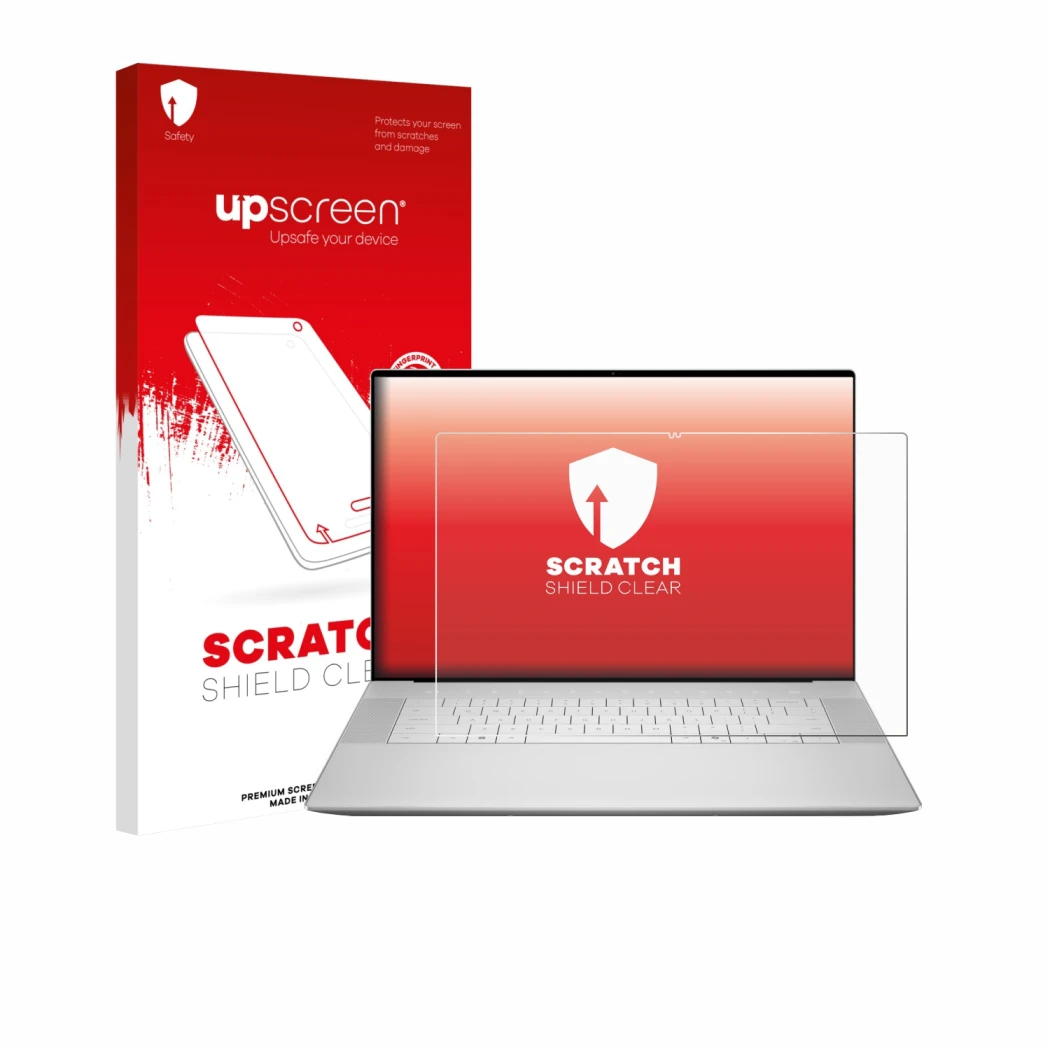 Face avant d’un emballage produit avec le logo de la marque upscreen. À côté, l’appareil Dell 16 Premium Laptop est représenté
