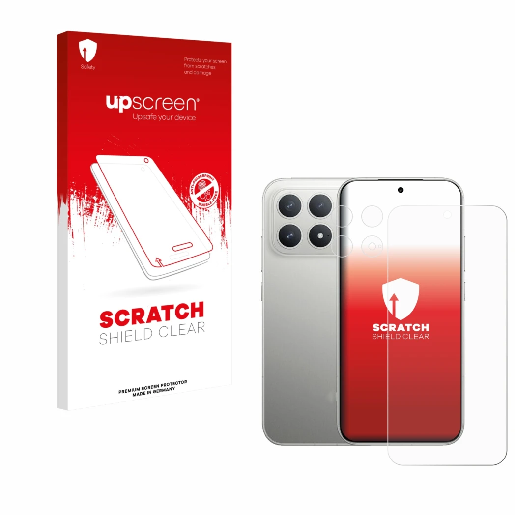 Face avant d’un emballage produit avec le logo de la marque upscreen. À côté, l’appareil Xiaomi Poco F8 Pro 5G (Avant+Caméra) 