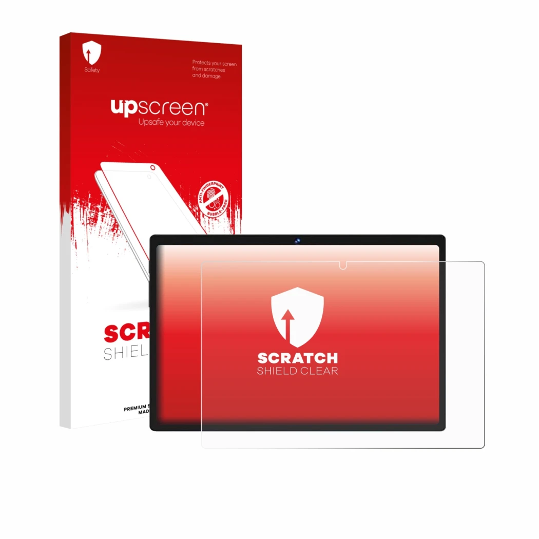 Face avant d’un emballage produit avec le logo de la marque upscreen. À côté, l’appareil Biegedy B29 10.1