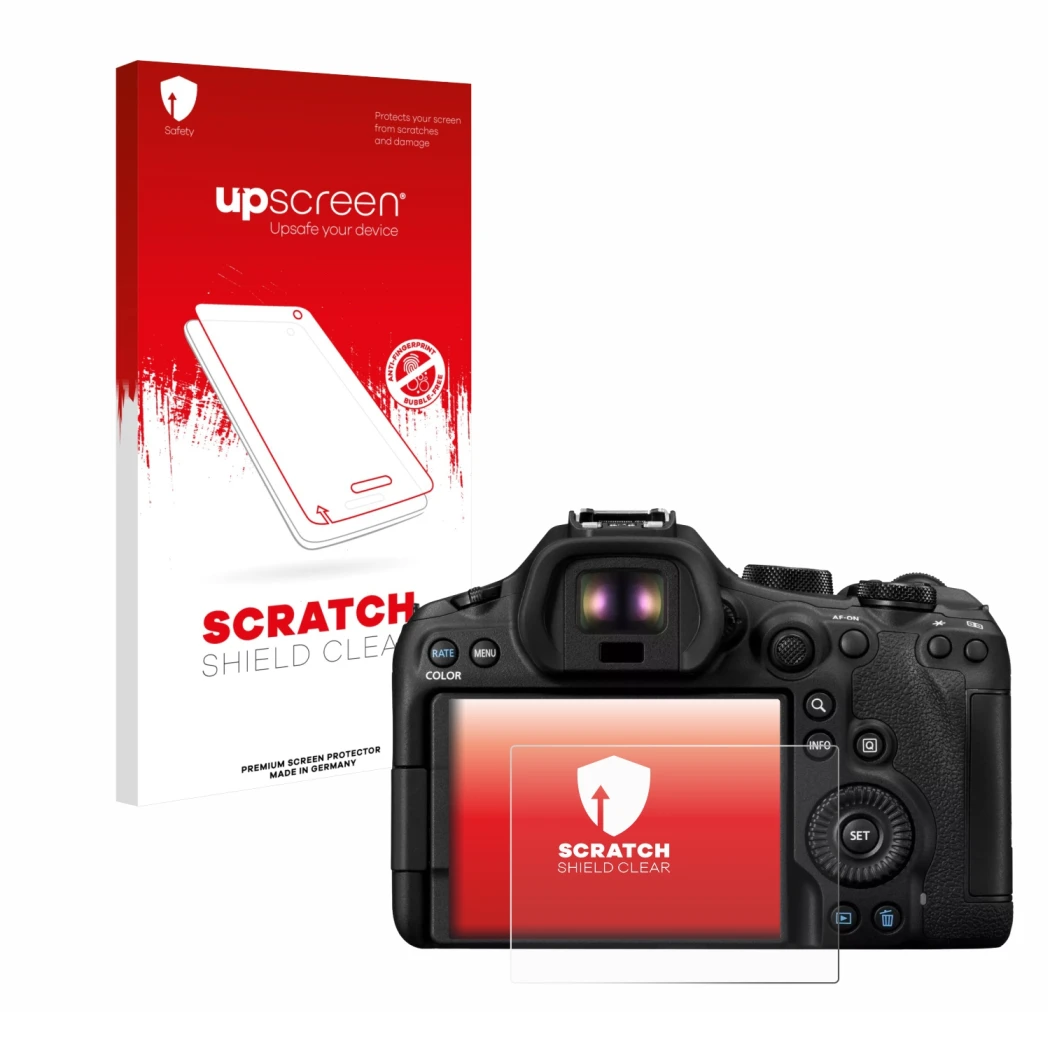 Face avant d’un emballage produit avec le logo de la marque upscreen. À côté, l’appareil Canon EOS R6 Mark III est représenté