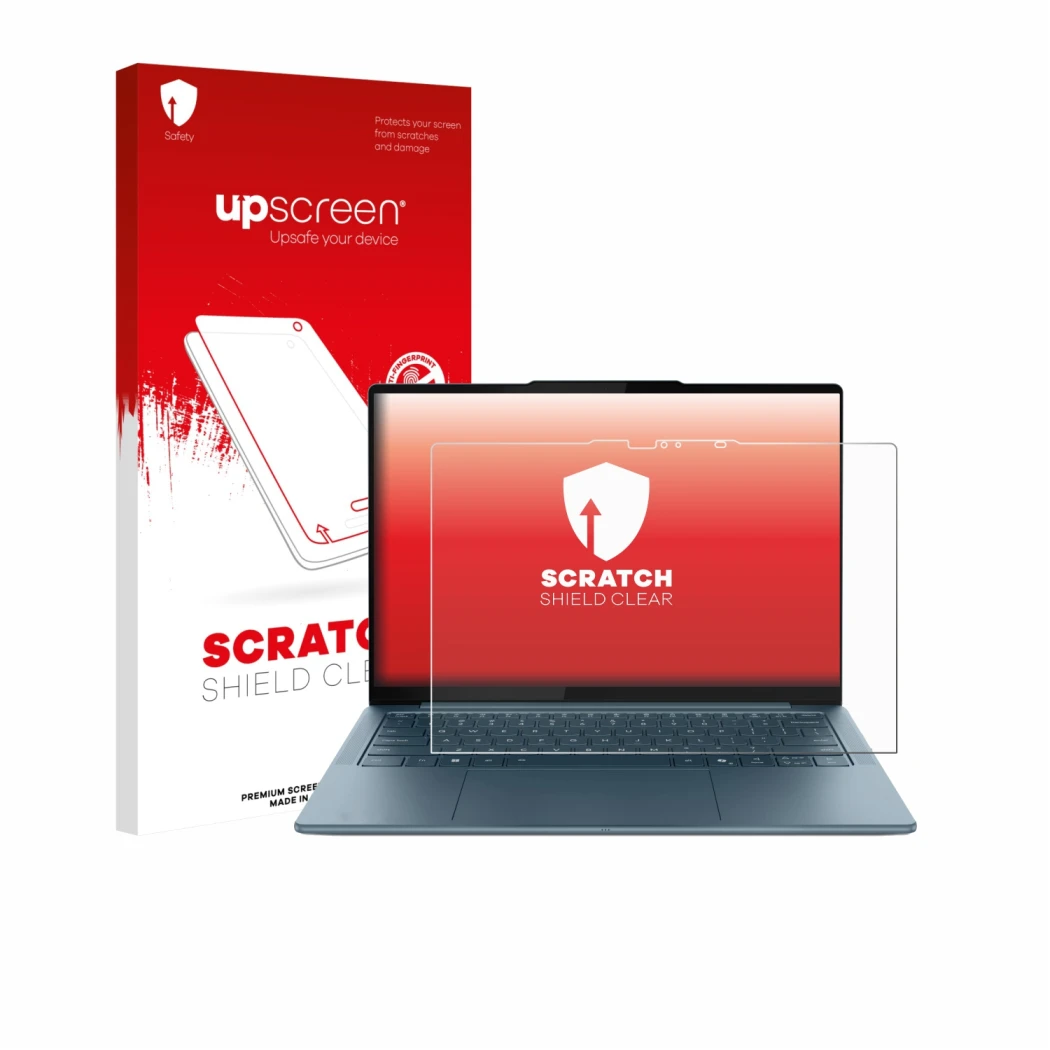 Face avant d’un emballage produit avec le logo de la marque upscreen. À côté, l’appareil Lenovo Yoga Slim 7 Gen 10 14