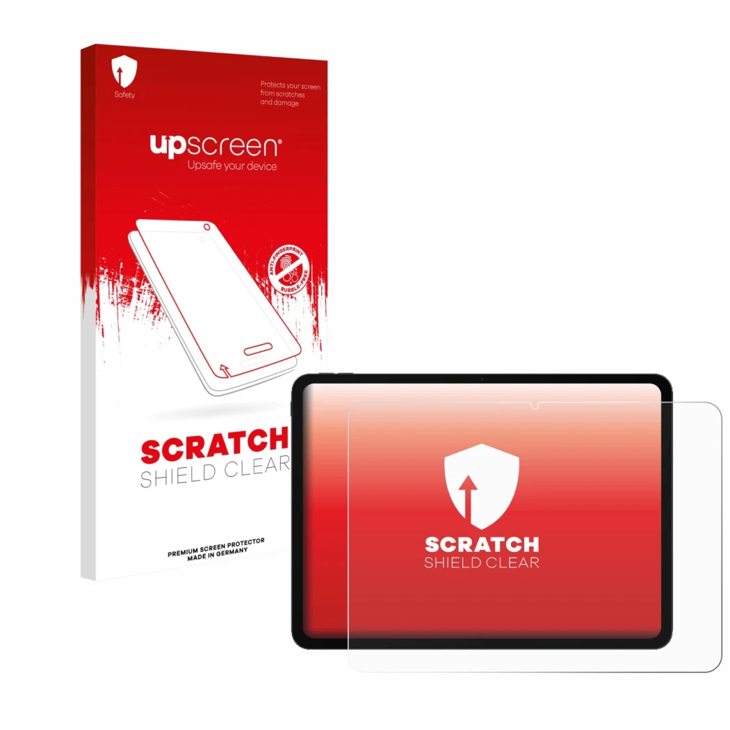 Face avant d’un emballage produit avec le logo de la marque upscreen. À côté, l’appareil OnePlus Pad Go 2 est représenté avec 