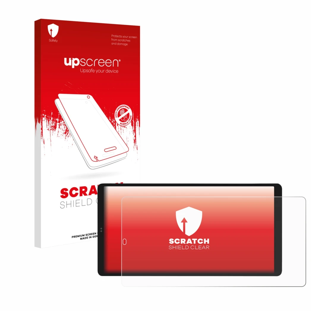 Face avant d’un emballage produit avec le logo de la marque upscreen. À côté, l’appareil Shelly Wall Display X2i est représent