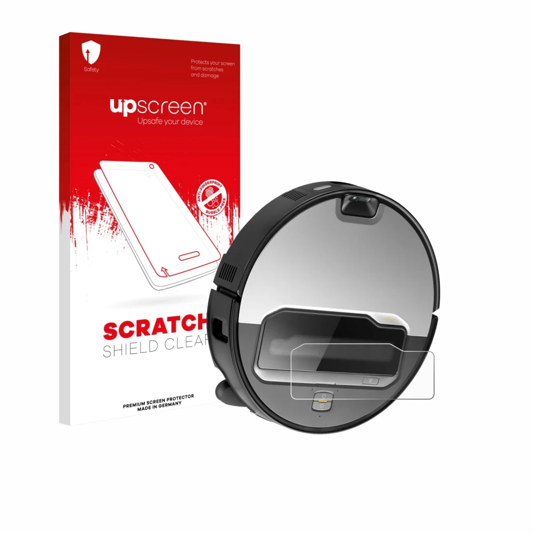 Face avant d’un emballage produit avec le logo de la marque upscreen. À côté, l’appareil Roborock Saros Z70 est représenté ave