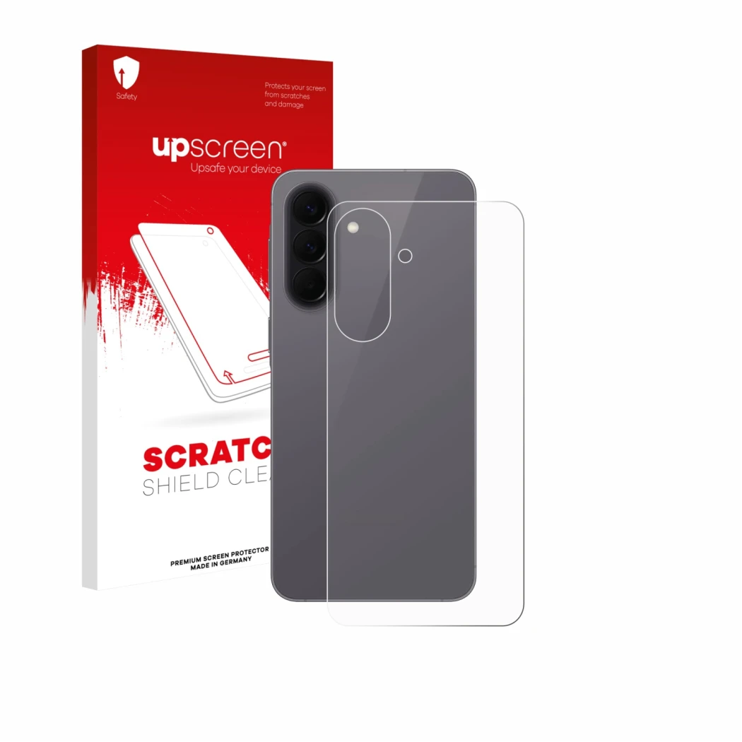 Face avant d’un emballage produit avec le logo de la marque upscreen. À côté, l’appareil Samsung Galaxy A57 5G (Arrière) est r