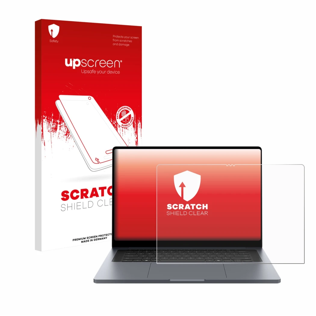 Face avant d’un emballage produit avec le logo de la marque upscreen. À côté, l’appareil Samsung Galaxy Book6 Ultra 16