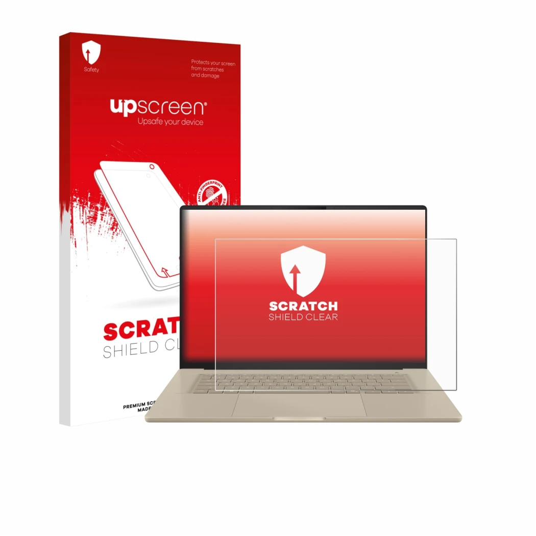 Face avant d’un emballage produit avec le logo de la marque upscreen. À côté, l’appareil ASUS ZenBook A16 UX3607 est représent