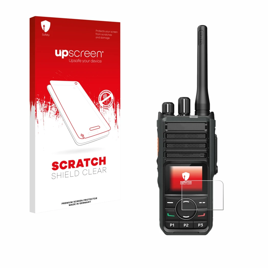 Face avant d’un emballage produit avec le logo de la marque upscreen. À côté, l’appareil Hytera HP565 est représenté avec la p