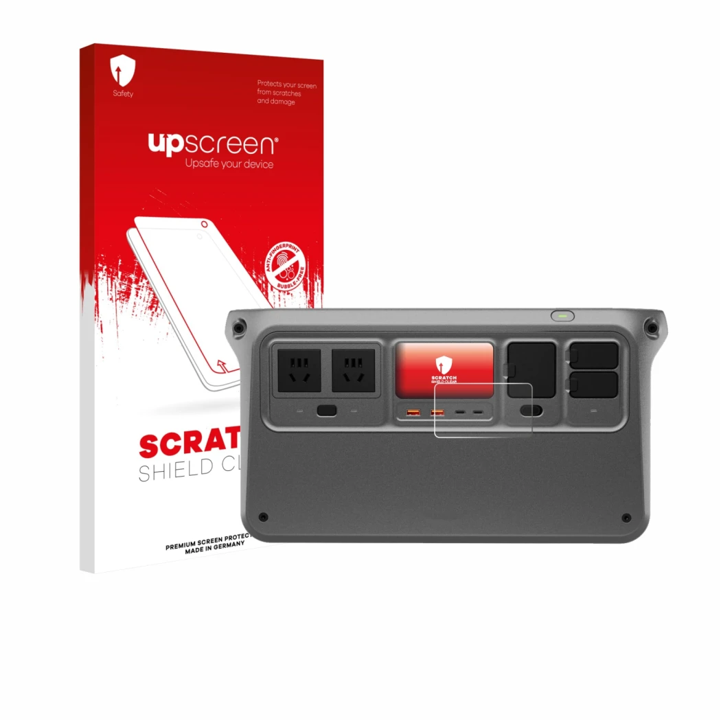 Face avant d’un emballage produit avec le logo de la marque upscreen. À côté, l’appareil DJI Power 1000 V2 est représenté avec