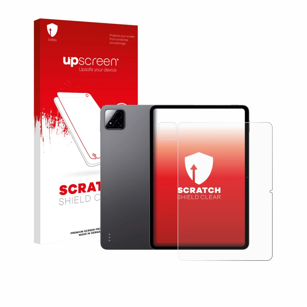 Face avant d’un emballage produit avec le logo de la marque upscreen. À côté, l’appareil Xiaomi Pad 7 (Avant+Caméra) est repré