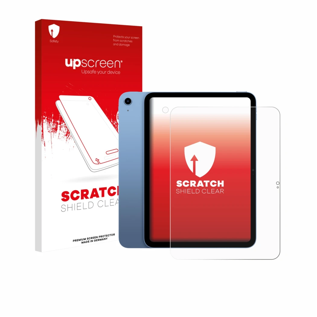 Face avant d’un emballage produit avec le logo de la marque upscreen. À côté, l’appareil Apple iPad 10.9