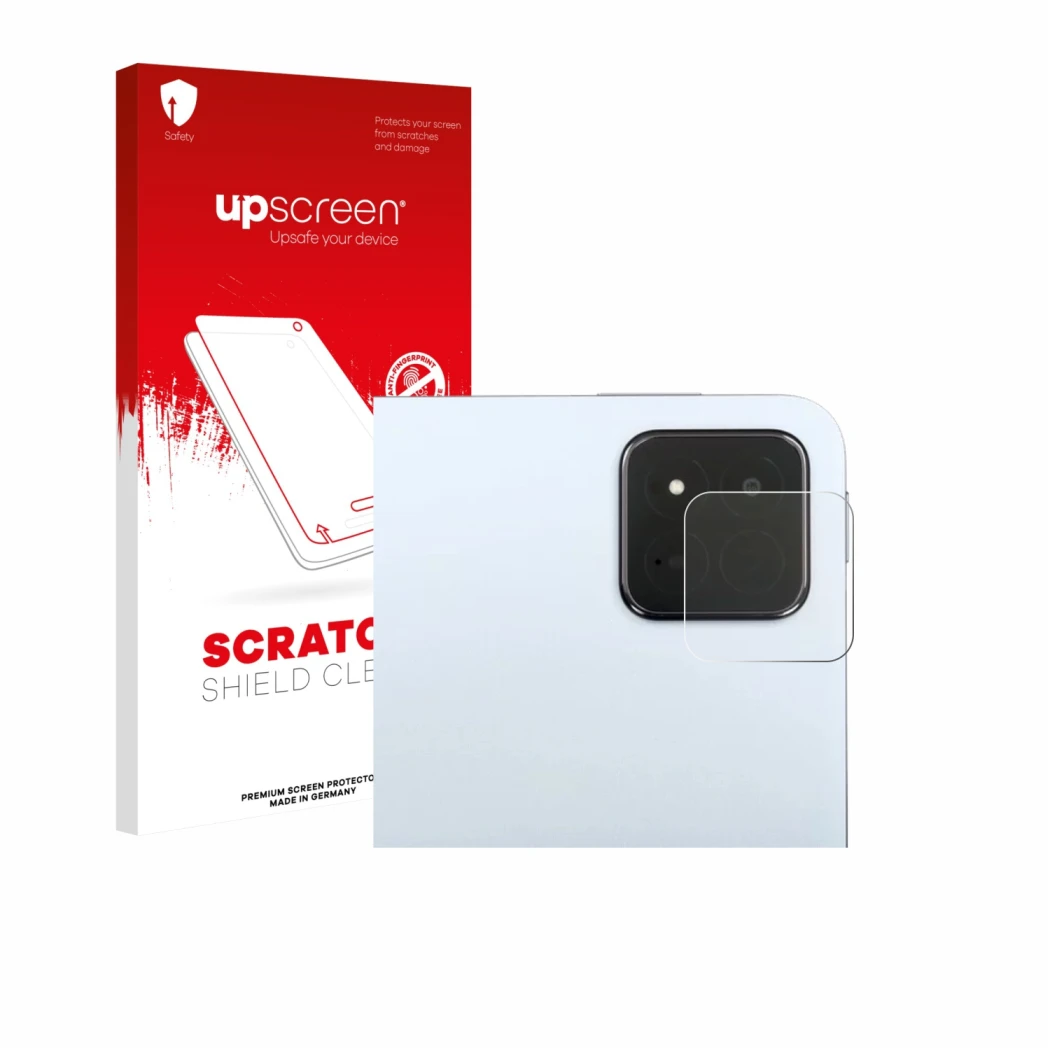 Face avant d’un emballage produit avec le logo de la marque upscreen. À côté, l’appareil Xiaomi Pad 7 Pro (Caméra UNIQUEMENT)