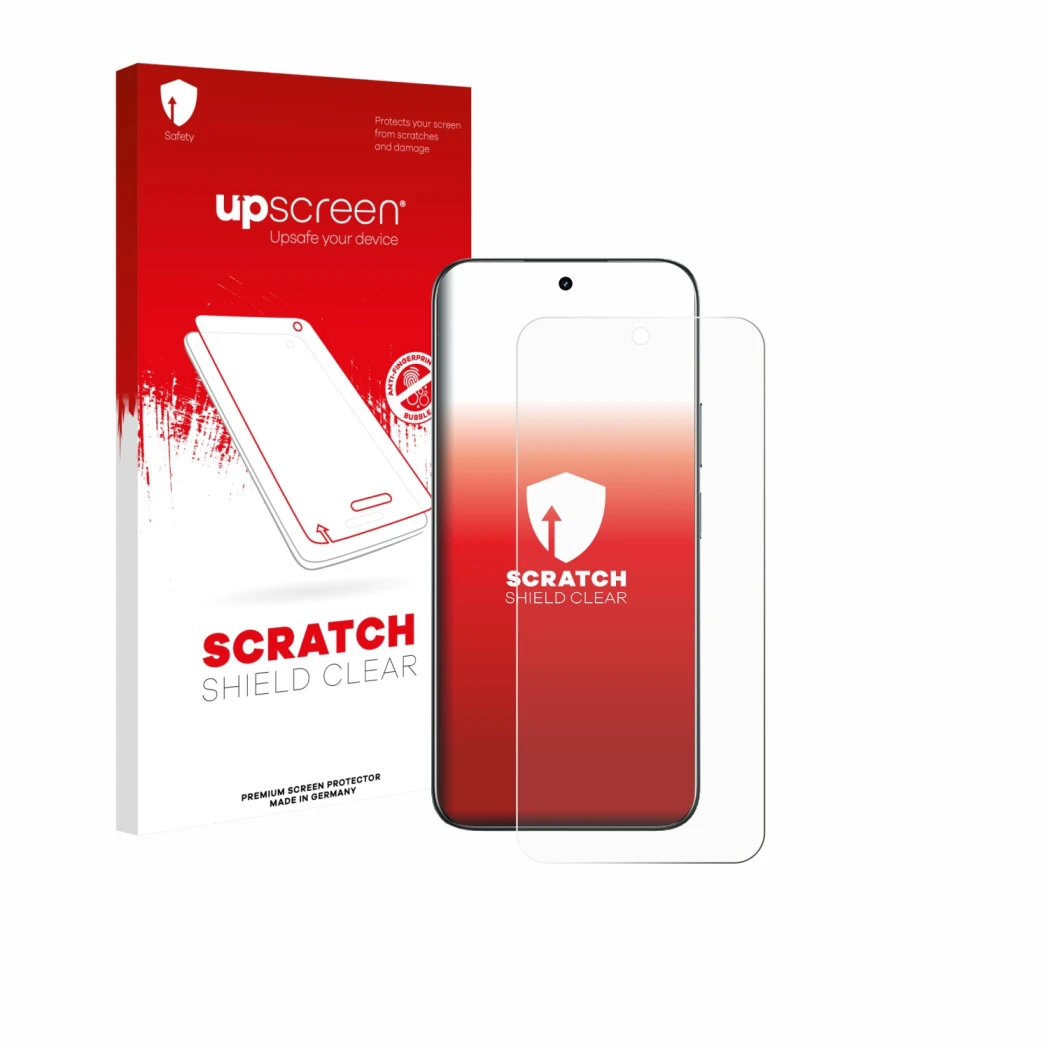 Face avant d’un emballage produit avec le logo de la marque upscreen. À côté, l’appareil realme C85 4G est représenté avec la 