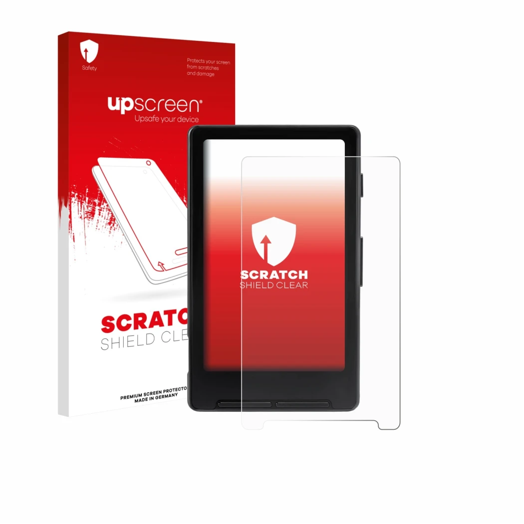 Face avant d’un emballage produit avec le logo de la marque upscreen. À côté, l’appareil Xteink X4 est représenté avec la prot